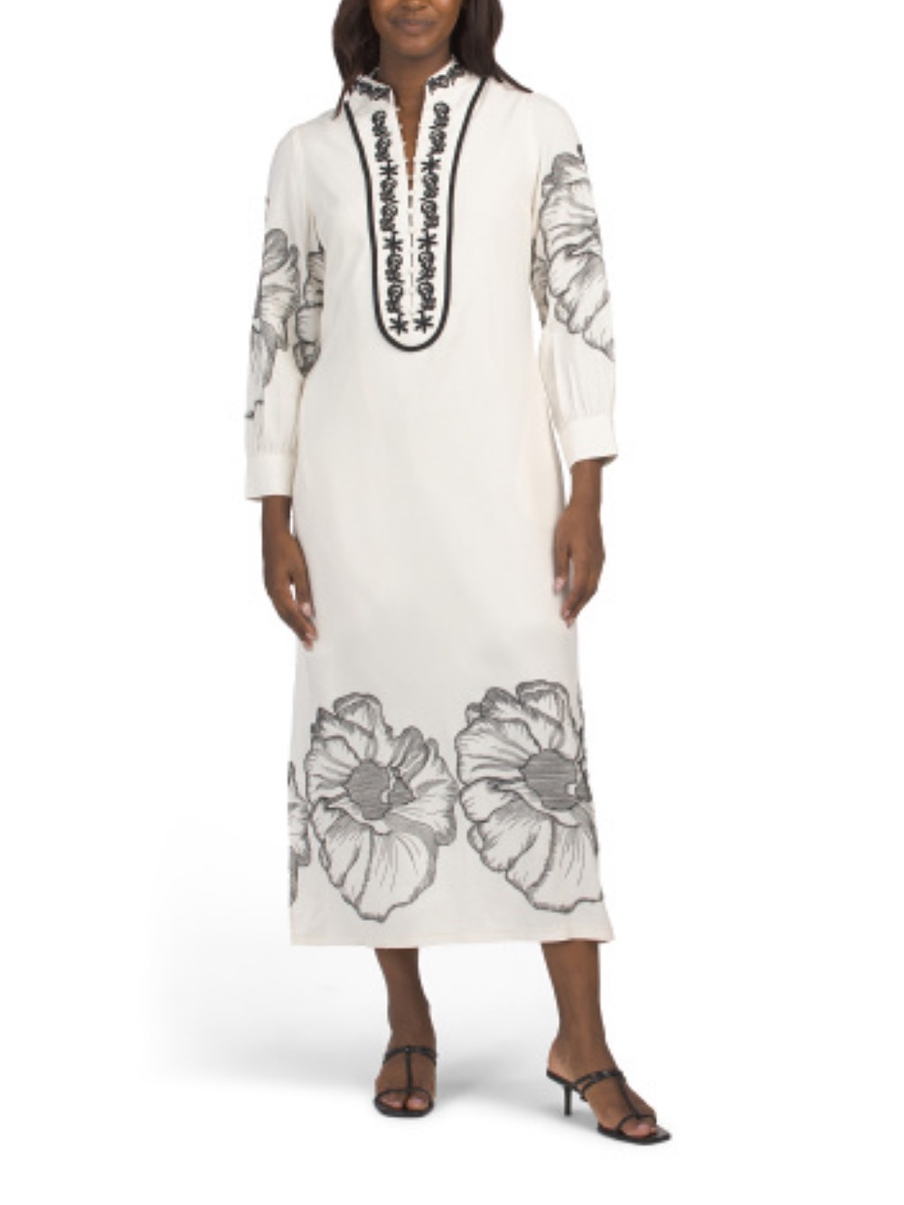 Solitaire Ivory Linen Blend Maxi Dress Floral Embroidered Long Sleeve SMALL